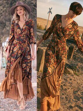 Farm Rio Madrid Maxi Dress‎ Anthropologie Floral Gold Yellow Wrap High Low XS